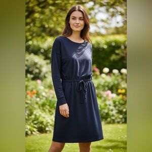 Comfortable Long Sleeve Navy Blue Drawcord Waist Dress Size: L